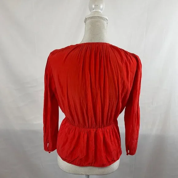 Wilfred Tie Top S Cherry Orange-Red Pucker Pleats Long Sleeve - Picture 7 of 11